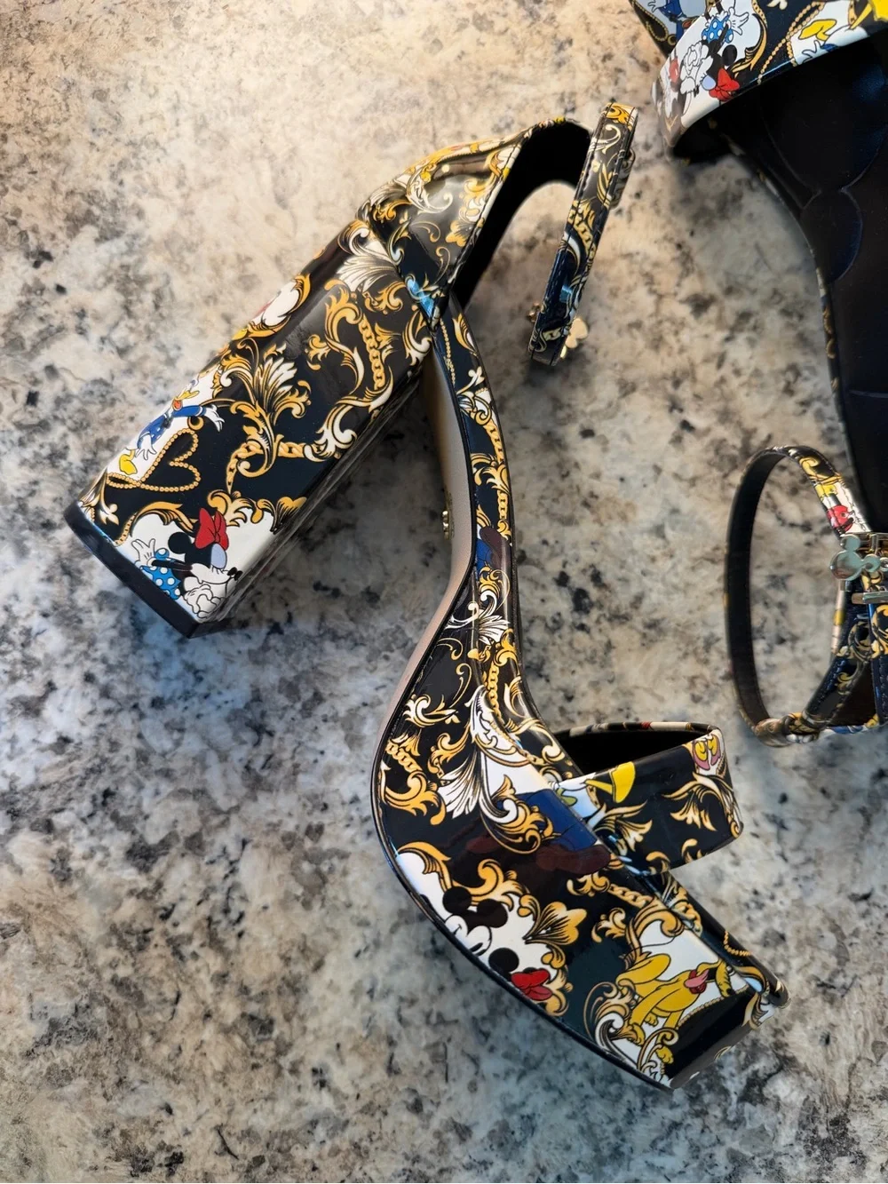 Aldo Disney Minnie & Mickey Mouse Black Platform Heel Sandals 85th RARE Like New